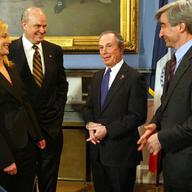 Mayor Bloomberg, in between takes with the stars of Law & Order in the Blue Room at City Hall.