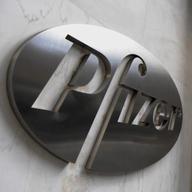 A sign at the New York headquarters of pharmaceutical company Pfizer Incorporated.