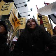 Protestors in Times Square gather on February 4, 2011