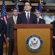 US House Majority Leader Eric Cantor (R-Va.) speaks on budget negotiations and a possible government shutdown at the U.S. Capitol on April 7, 2011.