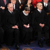 Supreme Court Justices John Roberts, Anthony Kennedy, Ruth Bader Ginsburg, Stephen Breyer, and Elena Kagan attend President Obama's State of the Union speech on January 24, 2012.