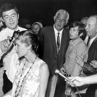 Vidal Sassoon gives actress Mia Farrow one of his signature geometric cuts.