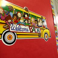 School photos, classroom, hallway, welcome sign