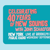 Text: Celebrating 40 Years of New Sounds with John Schaefer New York Public Radio Live at Brooklyn Bowl Wednesday September 21, 2022. Image: Pigeon with headphones on radio