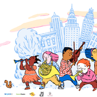 Illustration of children playing instruments with New York City as the background