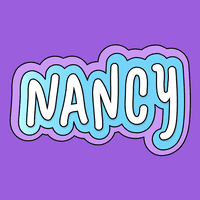 Logo for "Nancy" podcast with the word Nancy on a purple background