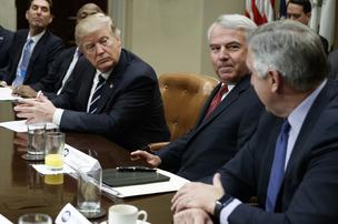 President Donald Trump in a meeting with pharmaceutical executives including Bob Hugin, second from right.