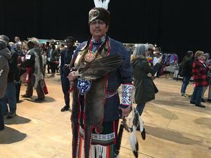 George Stonefish Bearskin is Lenape  and was the head man dancer at the Lenape Powow. He's from Albuquerque, New Mexico, and his father George Stonefish ran the Pow Wow Sunday.