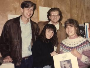 From left, Richard Hake with Carolyn Cocca, Jody Fisher, and Ellen (Custer) Letendre at WFUV in the early 1990s.