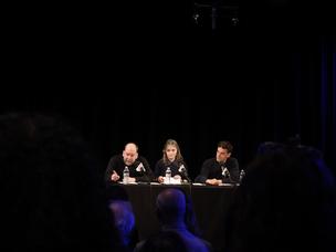 Actors Oscar Isaac, Kathryn Erbe, and Bill Camp performing 'I Don’t Want to Die' before an audience in The Greene Space.