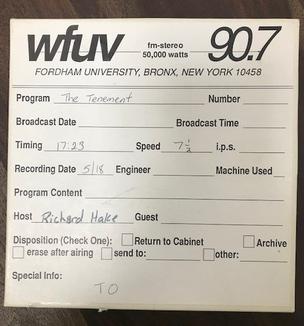 The reel box that holds one of Richard Hake's earliest public radio features, a 17-minute documentary about the Tenement Museum, from the early 1990s..