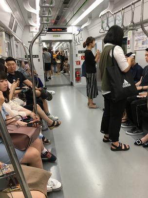 Accordion style train cars in Seoul, South Korea.
