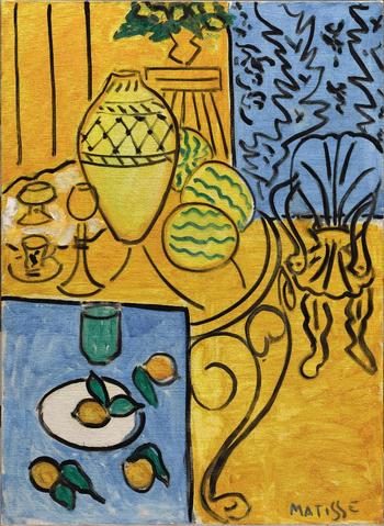 Henri Matisse (French, 1869–1954). Interior in Yellow and Blue. 1946. Oil on canvas, 45 11/16 x 31 7/8 in. (116 x 81 cm) Henri Matisse (French, 1869–1954). Interior in Yellow and Blue. 1946. Oil on canvas, 45 11/16 x 31 7/8 in. (116 x 81 cm)