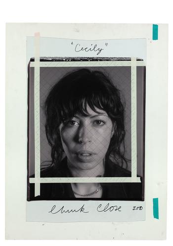 Chuck Close. <em>Cecily/maquette,</em> 2000, black and white Polaroid with ink and tape mounted to foamcore