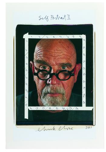 Chuck Close. <em>Self-Portrait II/maquette,</em> 2011, color Polaroid with ink, red-colored dot adhesive, and tape mounted to foamcore