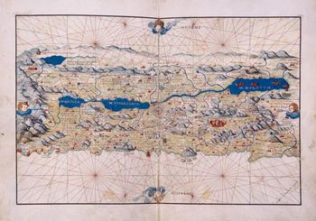 Battista Agnese, Portolano. Folios 15 verso–16 recto, Land Map of Palestine Manuscript, Venice ca. 1552. 