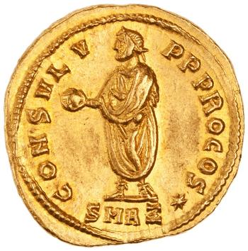 Aureus of Diocletian. Reverse: Emperor Holding a Globe and a Baton Gold Antioch 293–295 CE.