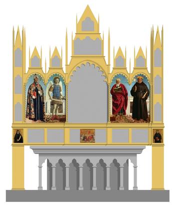 Hypothetical reconstruction of Piero’s altarpiece for the Church of Sant’Agostino, Borgo San Sepolcro, showing the position of seven of the altarpiece’s eight surviving panels. Hypothetical reconstruction of Piero’s altarpiece for the Church of Sant’Agostino, Borgo San Sepolcro, showing the position of seven of the altarpiece’s eight surviving panels.