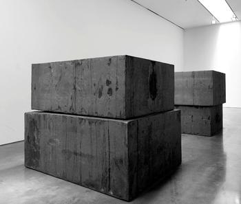 Richard Serra.  Grief and Reason (for Walter), 2013.  Forged Weatherproof steel 2 stacks of 2 blocks. Each block: 66 x 60 x 84 inches / 167.6 x 152.4 x 213.4 cm