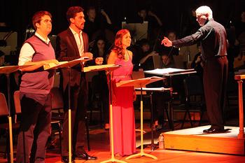 Augustine Mercante, Evan Hughes, Lauren Snouffer and conductor George Benjamin performing 'Written on Skin' in Tanglewood's Ozawa Hall on August 12, 2013