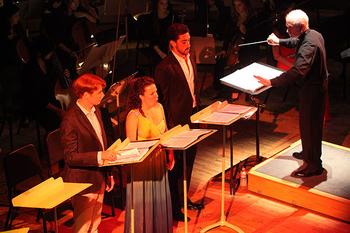 Isaiah Bell, Tammy Coil, Evan Hughes and conductor George Benjamin performing 'Written on Skin' in Tanglewood's Ozawa Hall on August 12, 2013