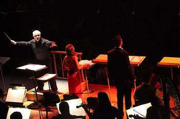 Conductor George Benjamin leading the Tanglewood Music Center Fellows in the US premiere of 'Written on Skin' at Tanglewood's Ozawa Hall on August 12, 2013