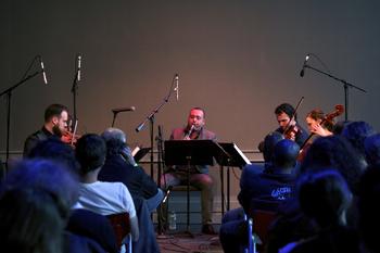 Composer, conductor and clarinetist Derek Bermel and the Mivos Quartet perform in the BAMcafé on the second day of the 2013 Crossing Brooklyn Ferry festival.