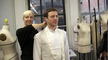 Joseph Gotoff, a Master’s student in cello performance at Mannes, is fitted for a jacket prototype at the Parsons School of Design