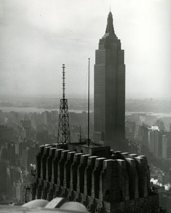 The WQXR-FM antenna on the 54-story Chanin Building at 42nd St. and Lexington Ave in 1948.  It was previously in Long Island City, it moved to the Empire State Building in 1965.