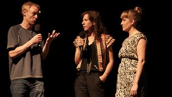Host John Schaefer of WNYC's Soundcheck and New Sounds, with Missy Mazzoli and Lorna Dune Krier.