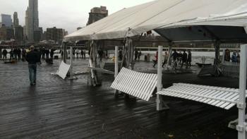 An outdoor restaurant at Fulton Ferry Landing was battered by Hurricane Sandy