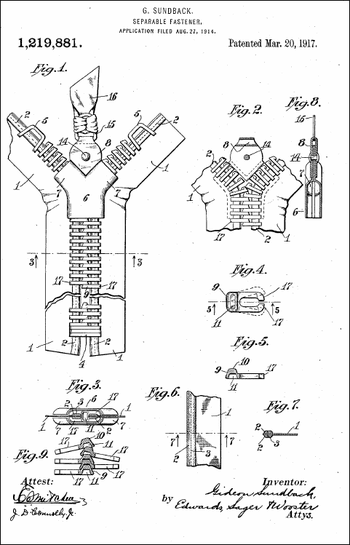 1917 Zipper Patent, by Gideon Sundback