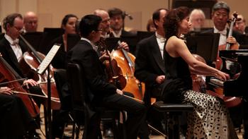 Members of the string section of the Montréal Symphony Orchestra