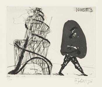 "Nose 3" from "Nose." Art by William Kentridge. Music by Philip Miller. One aquatint, drypoint, and engraving from a series of thirty prints set to sound. 2007.