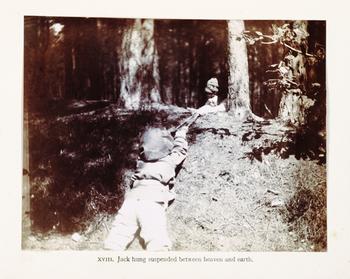 "Jack hung suspended between heaven and earth." From The Boy Castaways of Black Lake Island, by J. M. Barrie (Beinecke Rare Book and Manuscript Library) "Jack hung suspended between heaven and earth." From The Boy Castaways of Black Lake Island, by J. M. Barrie (Beinecke Rare Book and Manuscript Library)