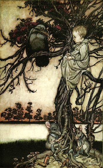 "Peter put his strange case before old Solomon Caw." Peter Pan in Kensington Gardens, 1906, illustrated by Arthur Rackham. "Peter put his strange case before old Solomon Caw." Peter Pan in Kensington Gardens, 1906, illustrated by Arthur Rackham.