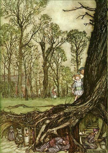 "Fairies are all more or less in hiding until dusk." Peter Pan in Kensington Gardens, 1906, illustrated by Arthur Rackham. "Fairies are all more or less in hiding until dusk." Peter Pan in Kensington Gardens, 1906, illustrated by Arthur Rackham.