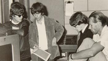 In the studio at Abbey Road :   L-R John Lennon, George Harrison, Peter Asher, George Martin