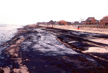 Oil on the beaches of Galveston, Texas after the 1984 Alvenus oil spill off the coast of Texas.