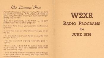 In June 1936, WQXR began producing a monthly program guide, sold over the air for 10 cents a copy. 