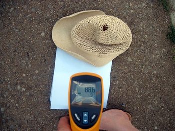 Stuck with an infrared thermometer, WNYC’s Beth Fertig got creative and pointed it at a piece of paper shielded by a hat when she went to Bensonhurst. She took the temperature while holding the paper 