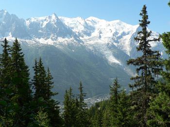 The Aiguille du Midi is the sharp peak on the middle left, and Mont Blanc is the rounded white peak at center, and the village of Chamonix is below. 
