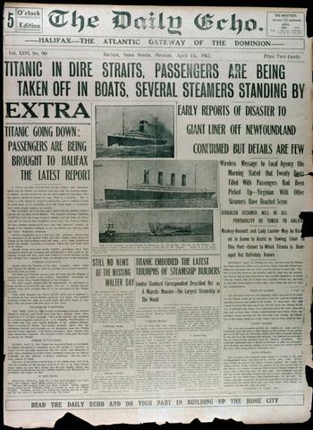 Newspaper headlines detail the tragic sinking of the <em>R.M.S. Titanic</em> which, after being hailed as unsinkable, did just that on its maiden and only voyage.