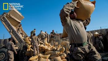 Marines unload fertilizer in the Marjah district of Helmand Province as part of a program encouraging farmers to renounce poppies for alternative crops like corn and beans. 