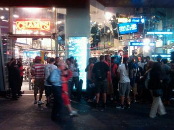 Die-hard sneaker fans gathered outside the Champs in Times Square.
