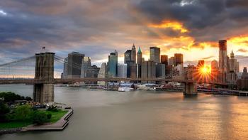 An iconic New York site: sunset over the Brooklyn Bridge