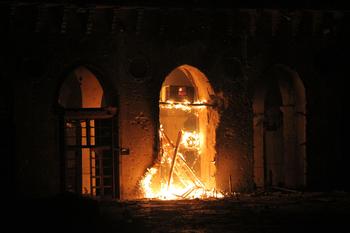  Fire breaks out at the historical Umayyad Mosque as a result of a reported missile attack by the Syrian regime forces. Oct. 1, 2014