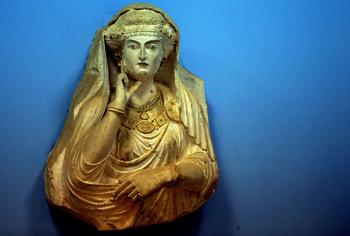 A picture taken on March 14, 2014 shows a sculpture found in the ancient Syrian oasis city of Palmyra, 215 kilometres northeast of Damascus, and now displayed at the city's museum. 