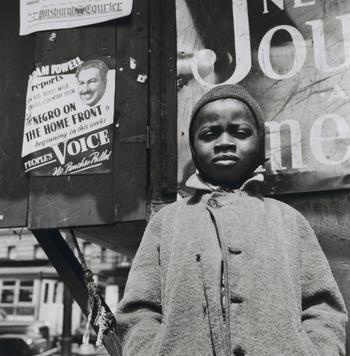 Gordon Parks. Harlem Newsboy, Harlem, New York. 1943. Gelatin silver print, 14 1/8 × 14″.