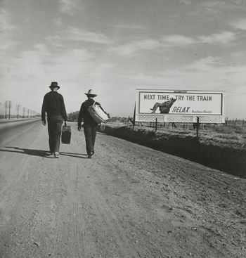 Dorothea Lange. On the Road to Los Angeles, California. 1937. Gelatin silver print, 8 1/16 x 7 3/4″.